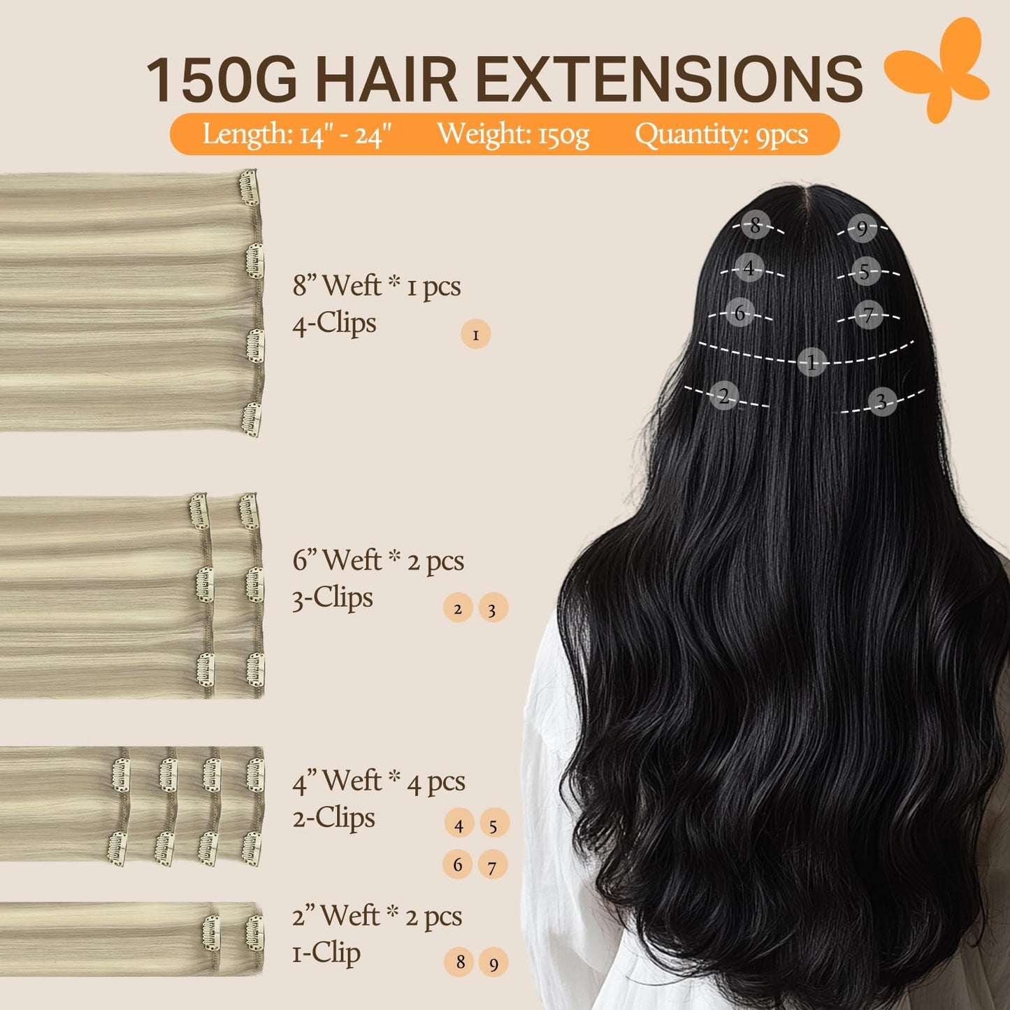 DOORES Seamless Clip in Hair Extensions Real Human Hair, Jet Black 150g 7pcs 20 Inch, Hair Extensions Clip in Human Hair Extensions Clip ins with Thin Weft Thick Straight Hair