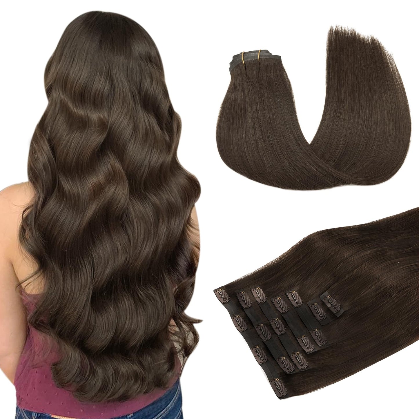 DOORES Seamless Clip in Hair Extensions Real Human Hair, Jet Black 150g 7pcs 20 Inch, Hair Extensions Clip in Human Hair Extensions Clip ins with Thin Weft Thick Straight Hair
