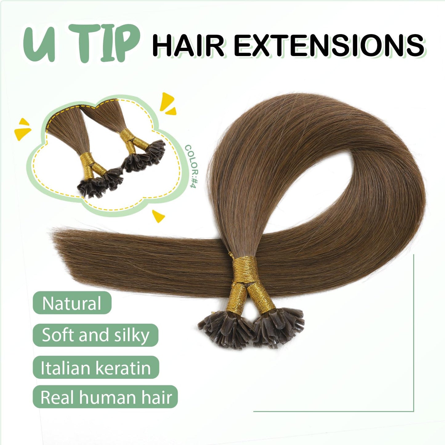 U Tip Hair Extensions Real Human Hair 50 Strands 50g 20inch Balayage Ombre Walnut Brown to Ash Brown and Blonde Pre Bonded Hair Extensions Nail U Tip Hair Extensions #3/8/22 20inch