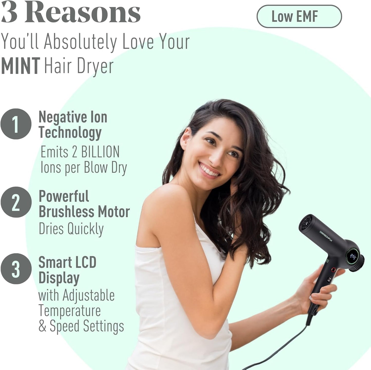 MINT Dragonfly Ionic Hair Dryer with Diffuser | Lightweight Professional Hair Dryer | Smart Negative Ion Hair Dryer | High Speed Hair Dryer | Brushless Hair Dryer Ionic Blow Dryer | Low EMF