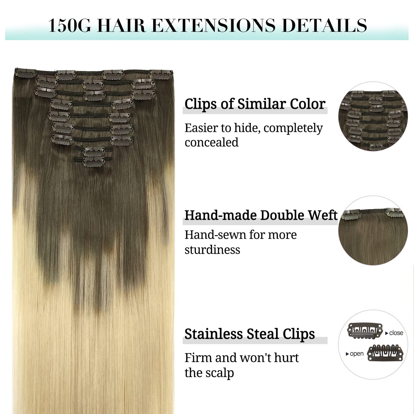 DOORES Seamless Clip in Hair Extensions Real Human Hair, Jet Black 150g 7pcs 20 Inch, Hair Extensions Clip in Human Hair Extensions Clip ins with Thin Weft Thick Straight Hair
