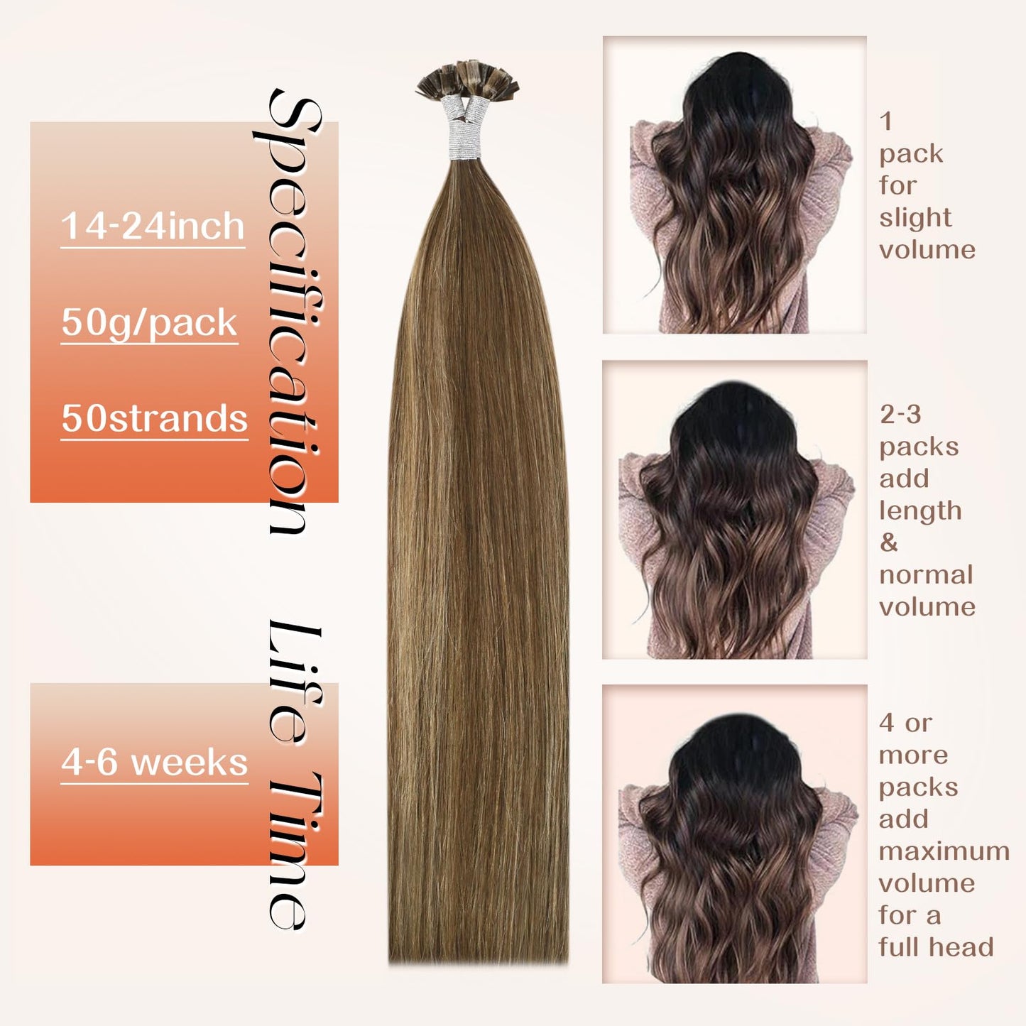 Remy Flat Tip Hair Extensions Human Hair Keratin Fusion Hair Extensions Real Human Hair Extensions for Women 50G/50S Warm Ash Blonde Highlight Bleach Blonde 16inch