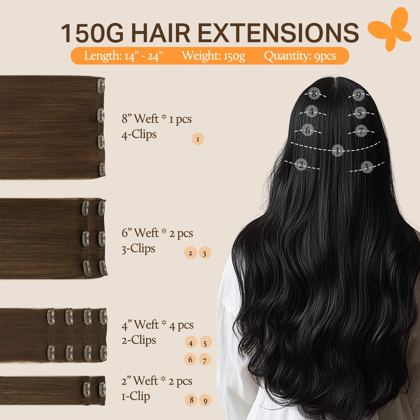 DOORES Seamless Clip in Hair Extensions Real Human Hair, Jet Black 150g 7pcs 20 Inch, Hair Extensions Clip in Human Hair Extensions Clip ins with Thin Weft Thick Straight Hair