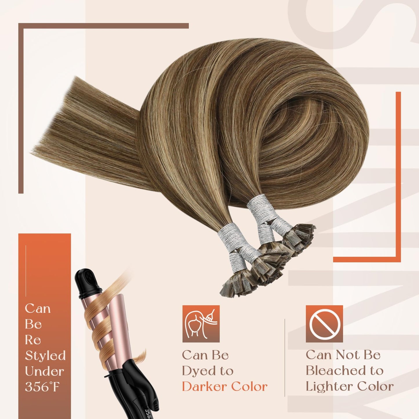Remy Flat Tip Hair Extensions Human Hair Keratin Fusion Hair Extensions Real Human Hair Extensions for Women 50G/50S Warm Ash Blonde Highlight Bleach Blonde 16inch