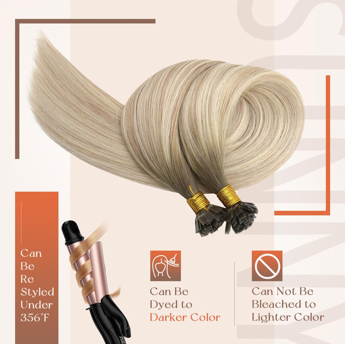 Remy Flat Tip Hair Extensions Human Hair Keratin Fusion Hair Extensions Real Human Hair Extensions for Women 50G/50S Warm Ash Blonde Highlight Bleach Blonde 16inch