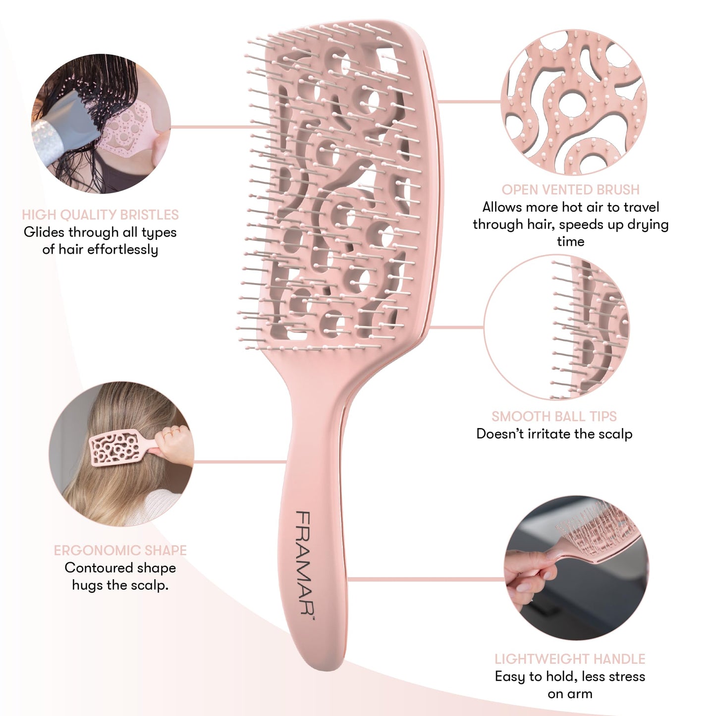 FRAMAR Professional Wet Hair Brush - Vented Hair Brush For Women, Curved Hair Detangler Brush, Blow Dry Brush, Hair Brush Dryer, Brosse a Cheveux, Curly Hair Brush Hair Dryer, Detangling Hair Brush