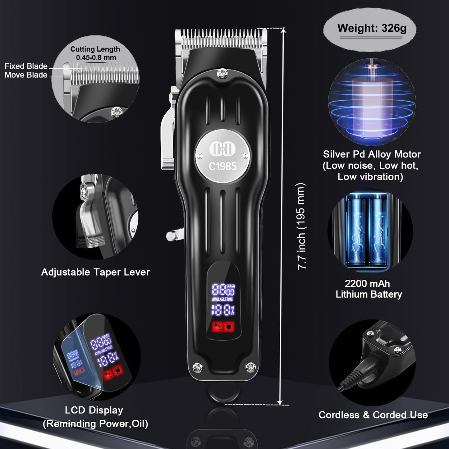 CIICII Hair Clippers for Men Professional, Cordless Barber Clippers for Hair Cutting (12Pcs Rechargeable USB Adjustable LCD Display Hair Beard Grooming Trimming Haircut Kit) for DIY Home Barber Salon
