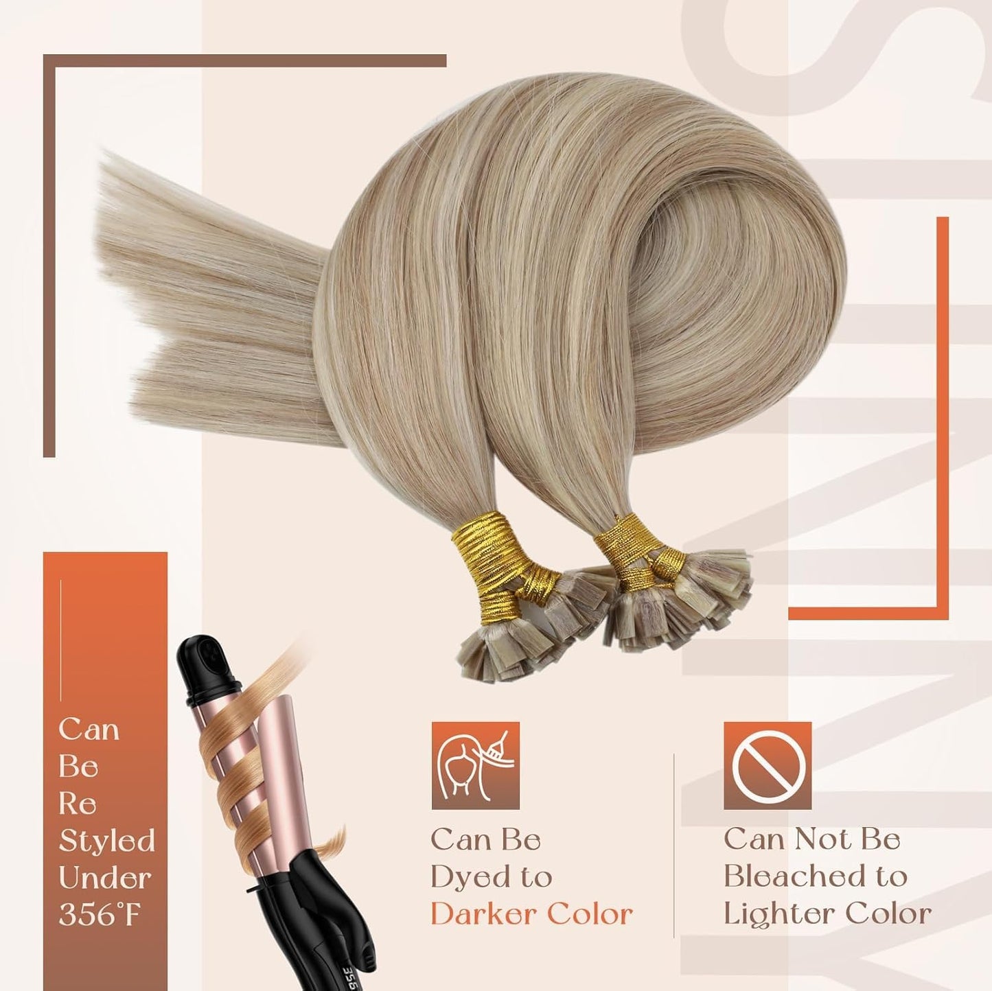 Remy Flat Tip Hair Extensions Human Hair Keratin Fusion Hair Extensions Real Human Hair Extensions for Women 50G/50S Warm Ash Blonde Highlight Bleach Blonde 16inch