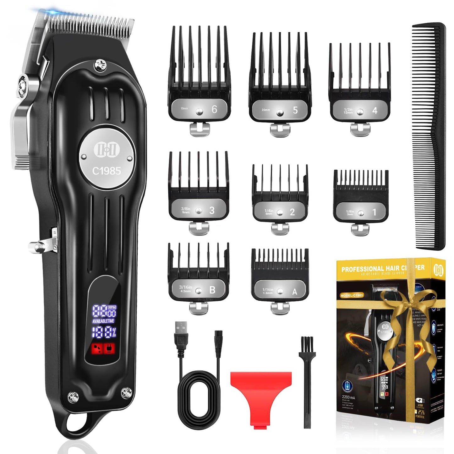 CIICII Hair Clippers for Men Professional, Cordless Barber Clippers for Hair Cutting (12Pcs Rechargeable USB Adjustable LCD Display Hair Beard Grooming Trimming Haircut Kit) for DIY Home Barber Salon