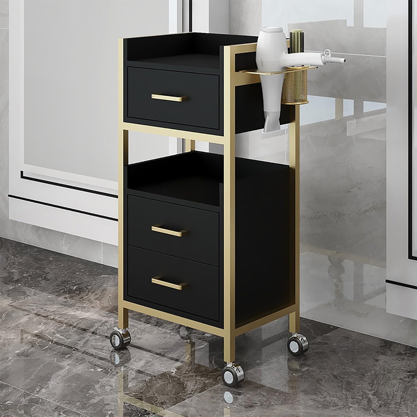 Hair Styling Salon Trolley Cart with Wheels and 3 Drawers Salon Storage Trolley Cart with Dryer Holder for Barber Hairdresser Cosmetology Stylist Storage Station(White)
