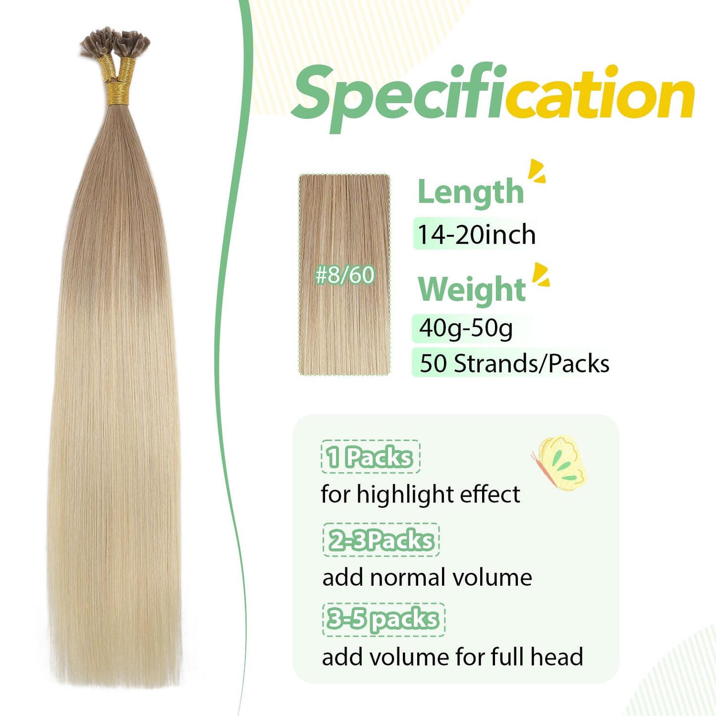 U Tip Hair Extensions Real Human Hair 50 Strands 50g 20inch Balayage Ombre Walnut Brown to Ash Brown and Blonde Pre Bonded Hair Extensions Nail U Tip Hair Extensions #3/8/22 20inch