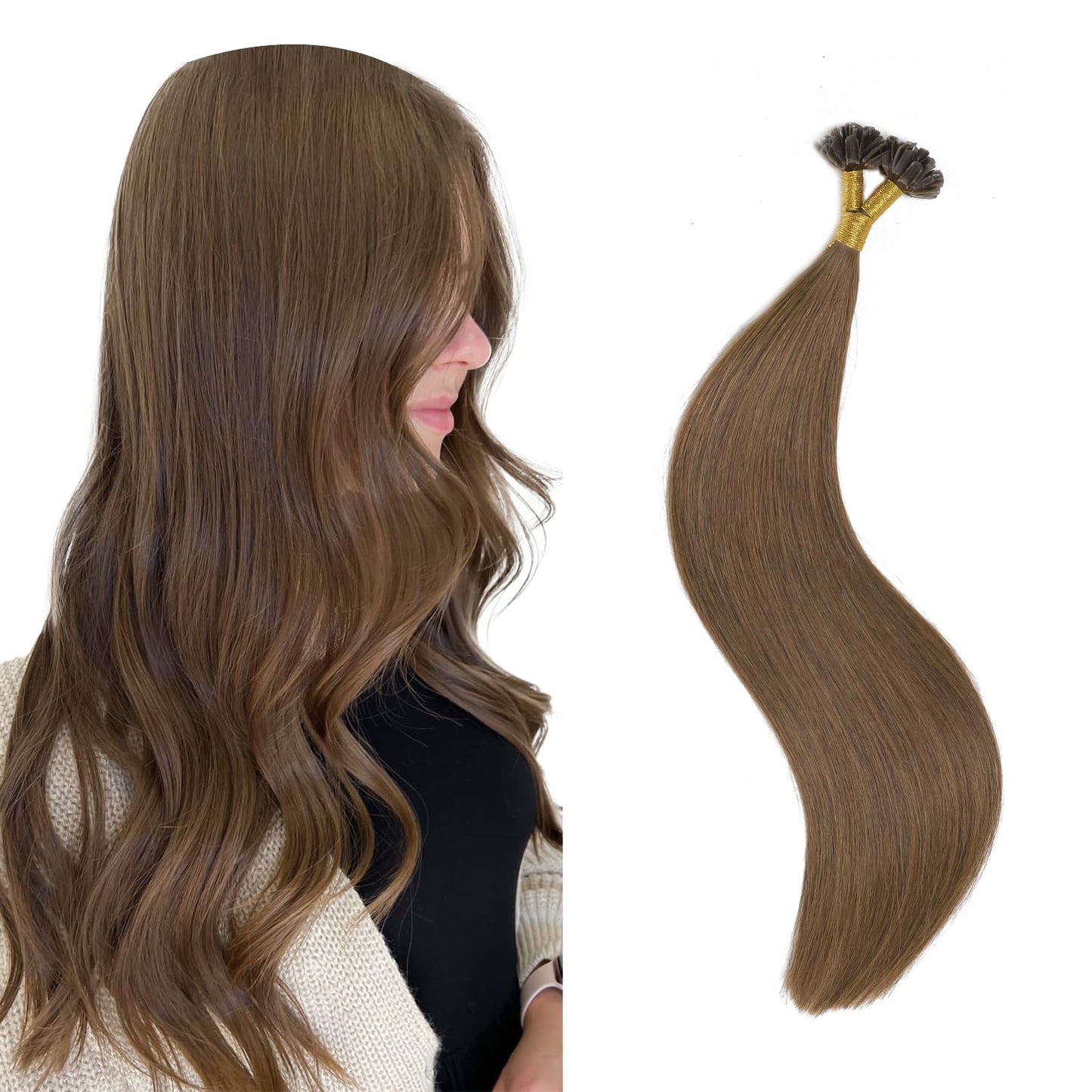 U Tip Hair Extensions Real Human Hair 50 Strands 50g 20inch Balayage Ombre Walnut Brown to Ash Brown and Blonde Pre Bonded Hair Extensions Nail U Tip Hair Extensions #3/8/22 20inch
