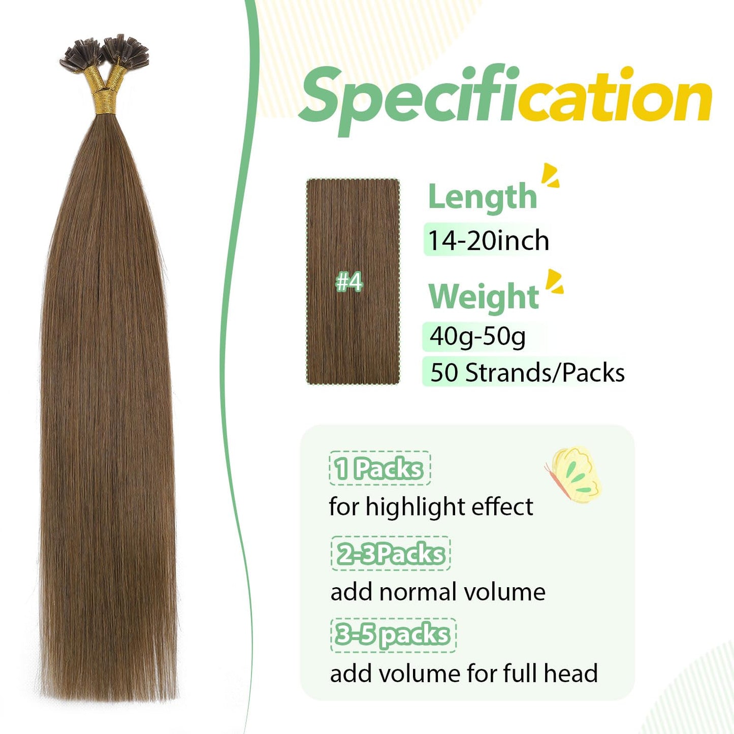 U Tip Hair Extensions Real Human Hair 50 Strands 50g 20inch Balayage Ombre Walnut Brown to Ash Brown and Blonde Pre Bonded Hair Extensions Nail U Tip Hair Extensions #3/8/22 20inch