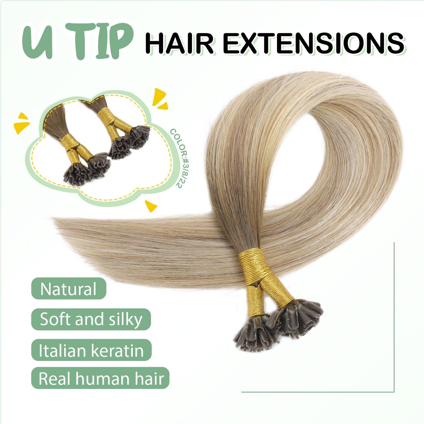 U Tip Hair Extensions Real Human Hair 50 Strands 50g 20inch Balayage Ombre Walnut Brown to Ash Brown and Blonde Pre Bonded Hair Extensions Nail U Tip Hair Extensions #3/8/22 20inch