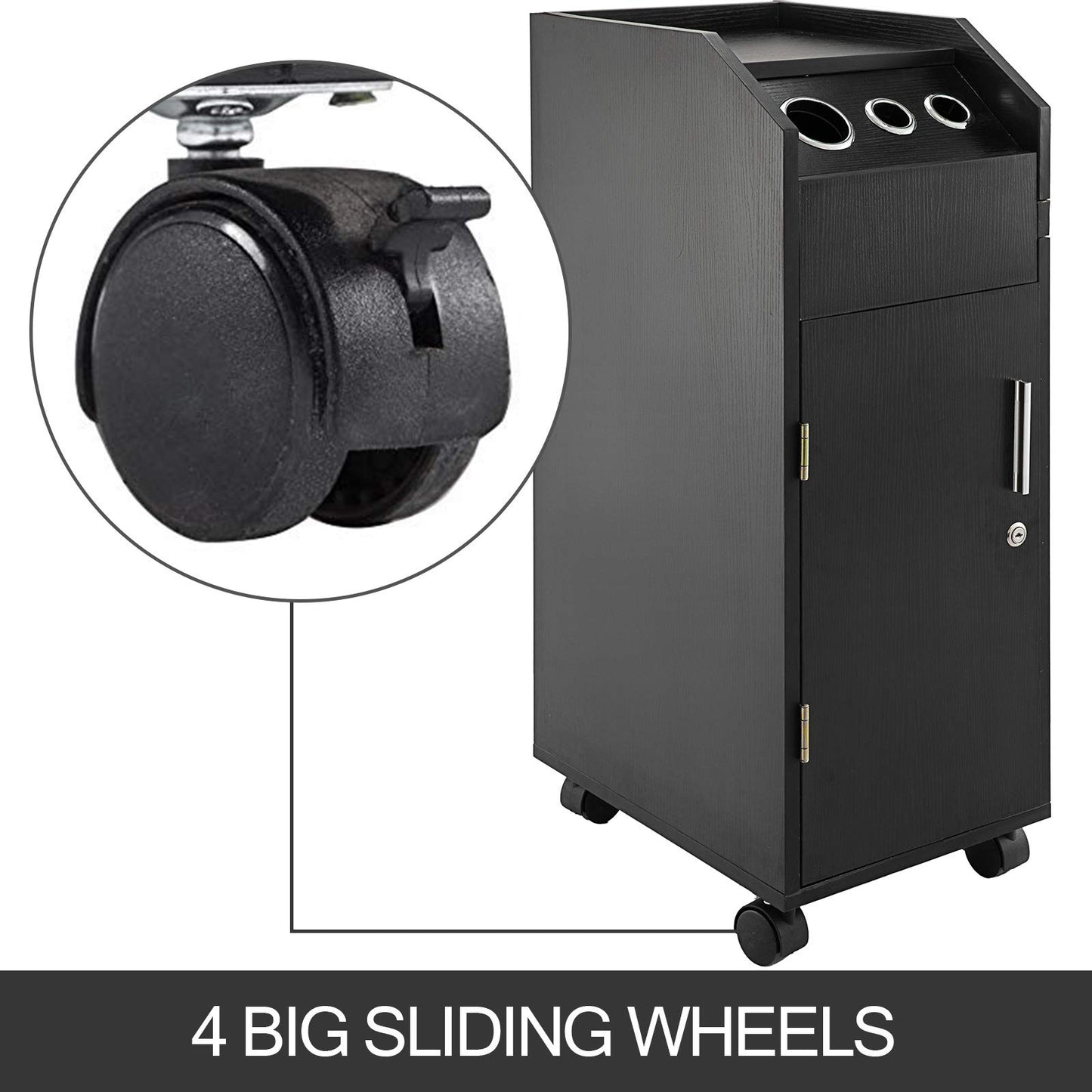 VEVOR Black Beauty Salon Trolley Storage Cart Salon SPA Trolley Cart with 4 Plastic Salon Storage Drawers Sliding Wheels 3 Hair Dryer Holes with Space-saving Side Tray Salon Stations