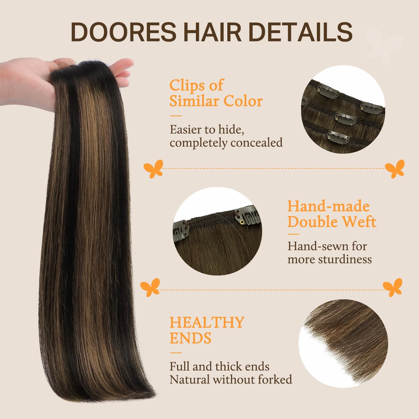 DOORES Seamless Clip in Hair Extensions Real Human Hair, Jet Black 150g 7pcs 20 Inch, Hair Extensions Clip in Human Hair Extensions Clip ins with Thin Weft Thick Straight Hair