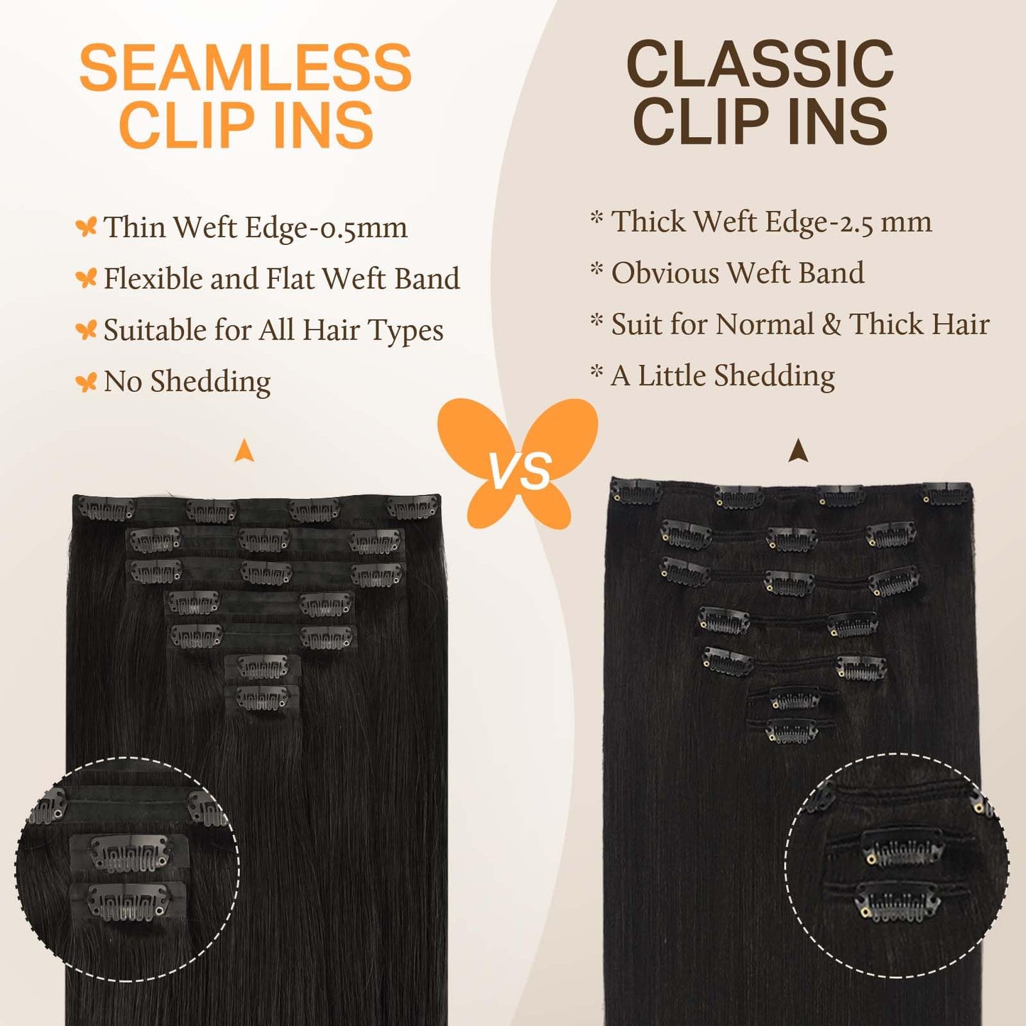 DOORES Seamless Clip in Hair Extensions Real Human Hair, Jet Black 150g 7pcs 20 Inch, Hair Extensions Clip in Human Hair Extensions Clip ins with Thin Weft Thick Straight Hair