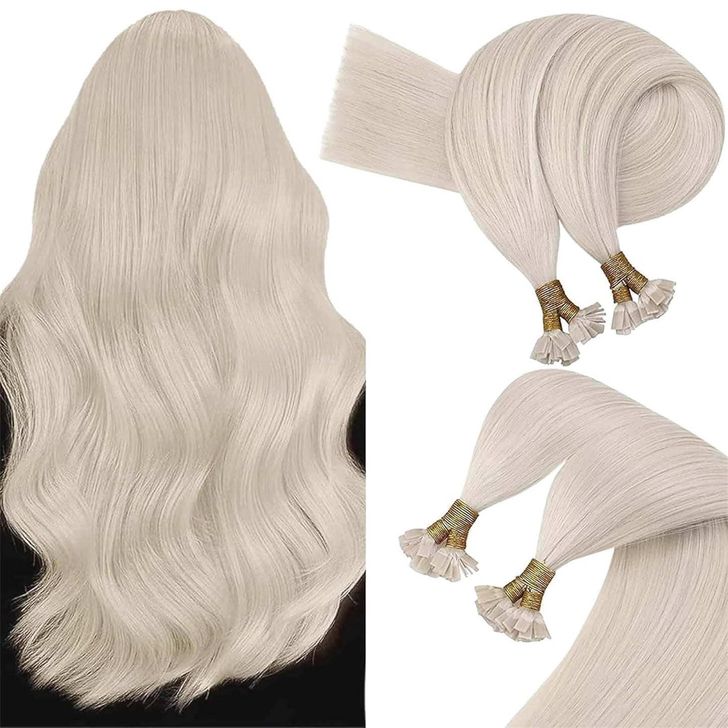 Remy Flat Tip Hair Extensions Human Hair Keratin Fusion Hair Extensions Real Human Hair Extensions for Women 50G/50S Warm Ash Blonde Highlight Bleach Blonde 16inch