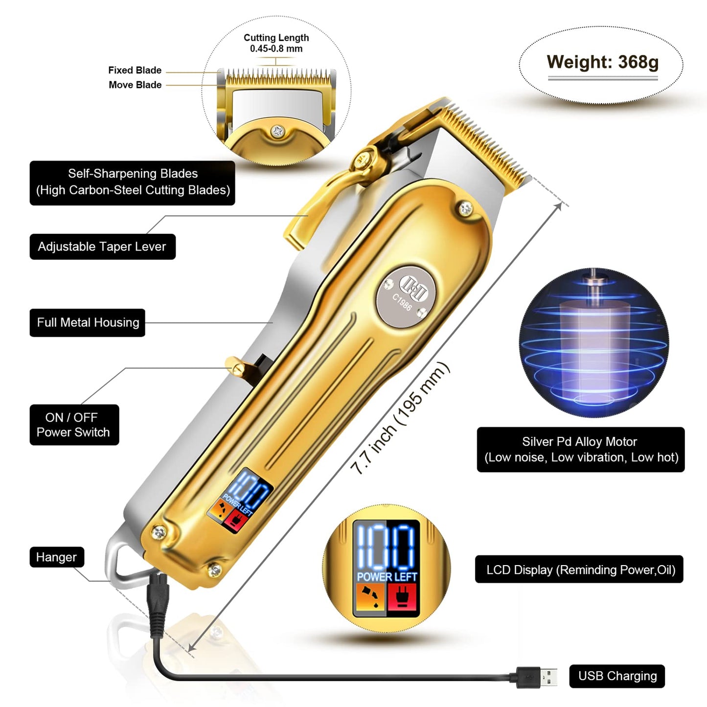 CIICII Hair Clippers for Men Professional, Cordless Barber Clippers for Hair Cutting (12Pcs Rechargeable USB Adjustable LCD Display Hair Beard Grooming Trimming Haircut Kit) for DIY Home Barber Salon