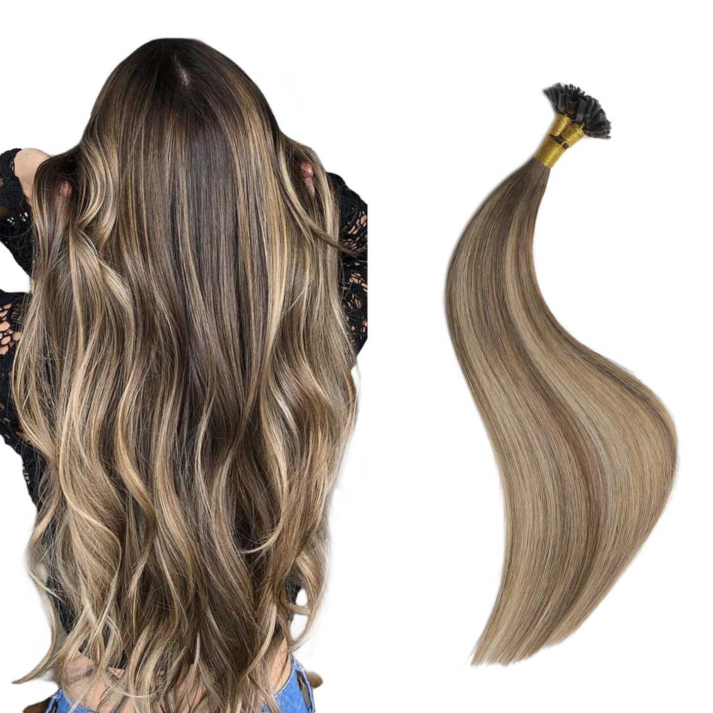 U Tip Hair Extensions Real Human Hair 50 Strands 50g 20inch Balayage Ombre Walnut Brown to Ash Brown and Blonde Pre Bonded Hair Extensions Nail U Tip Hair Extensions #3/8/22 20inch