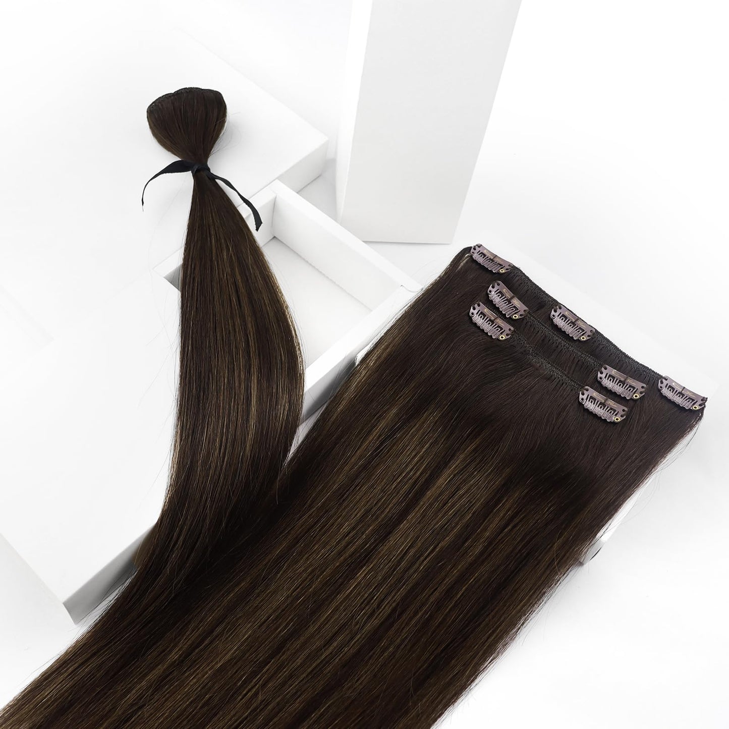 Clip in Hair Extensions Remy Human Hair Extensions for Women Real Hair Clip in Extensions Double Weft Dark Brown Balayage Medium Brown (12 inch-5pcs/80g, 14-24 inch-7pcs/120g)