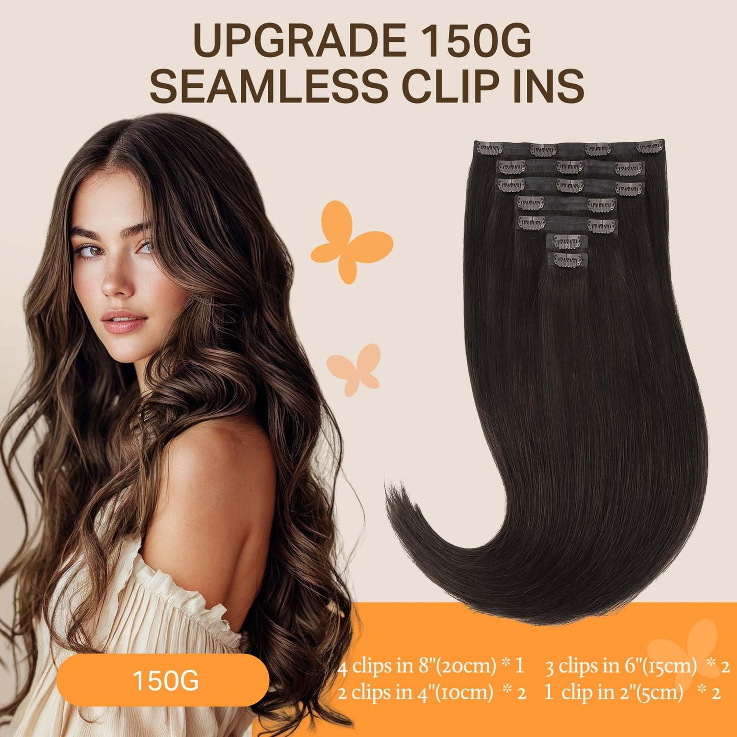 DOORES Seamless Clip in Hair Extensions Real Human Hair, Jet Black 150g 7pcs 20 Inch, Hair Extensions Clip in Human Hair Extensions Clip ins with Thin Weft Thick Straight Hair