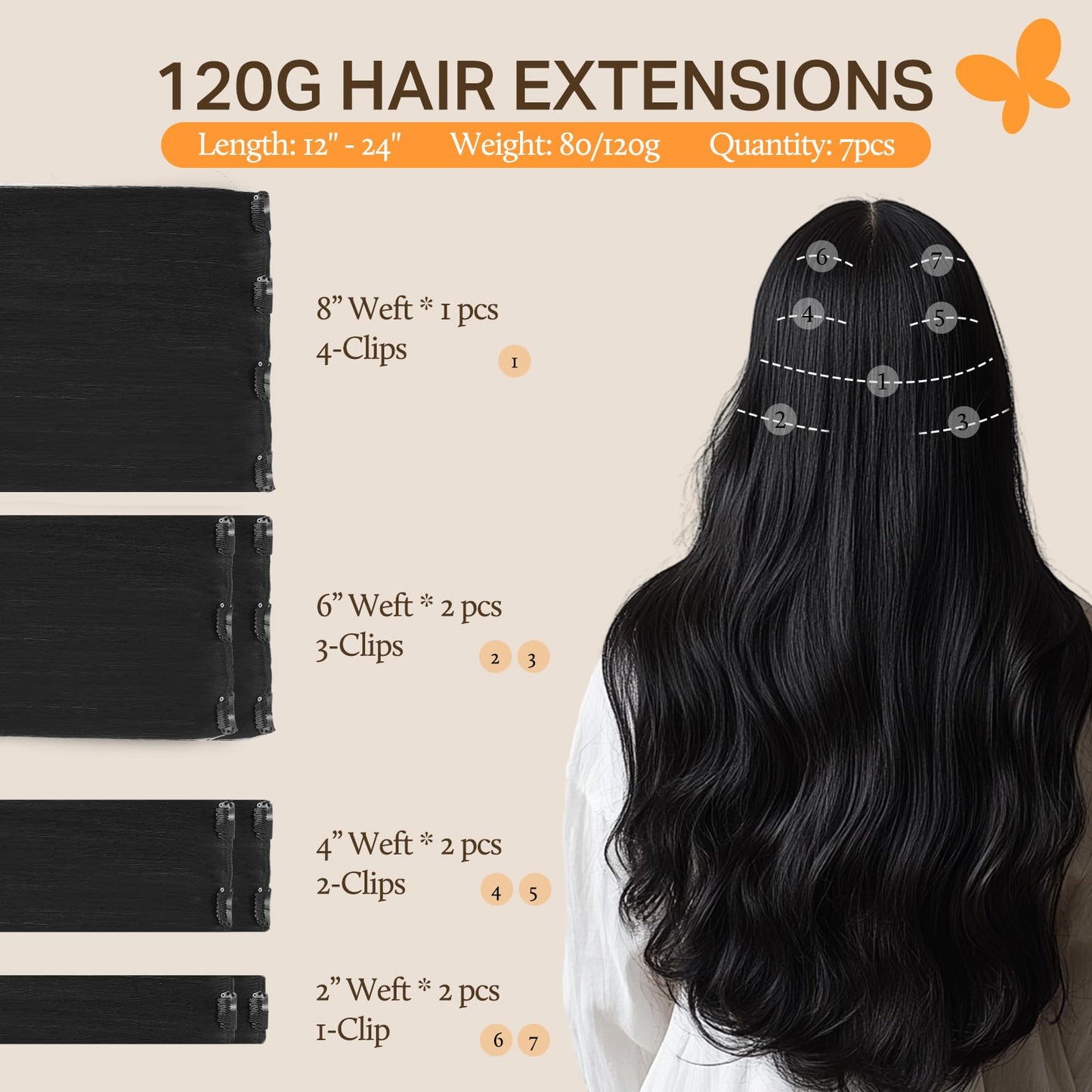 DOORES Seamless Clip in Hair Extensions Real Human Hair, Jet Black 150g 7pcs 20 Inch, Hair Extensions Clip in Human Hair Extensions Clip ins with Thin Weft Thick Straight Hair