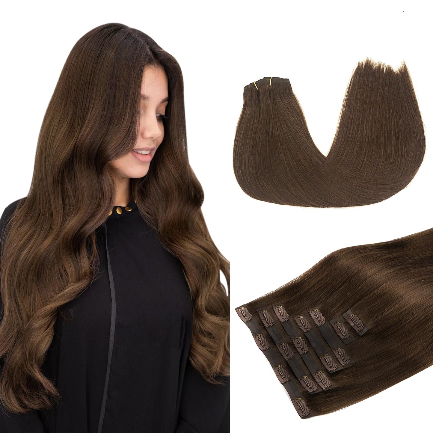 DOORES Seamless Clip in Hair Extensions Real Human Hair, Jet Black 150g 7pcs 20 Inch, Hair Extensions Clip in Human Hair Extensions Clip ins with Thin Weft Thick Straight Hair