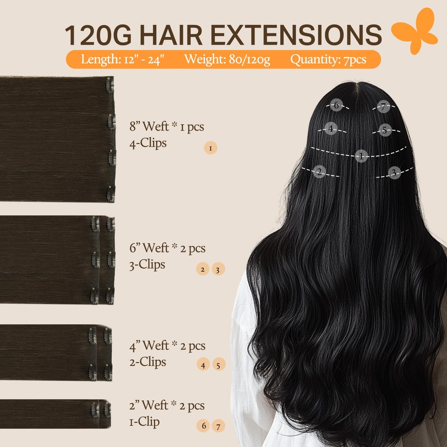 DOORES Seamless Clip in Hair Extensions Real Human Hair, Jet Black 150g 7pcs 20 Inch, Hair Extensions Clip in Human Hair Extensions Clip ins with Thin Weft Thick Straight Hair