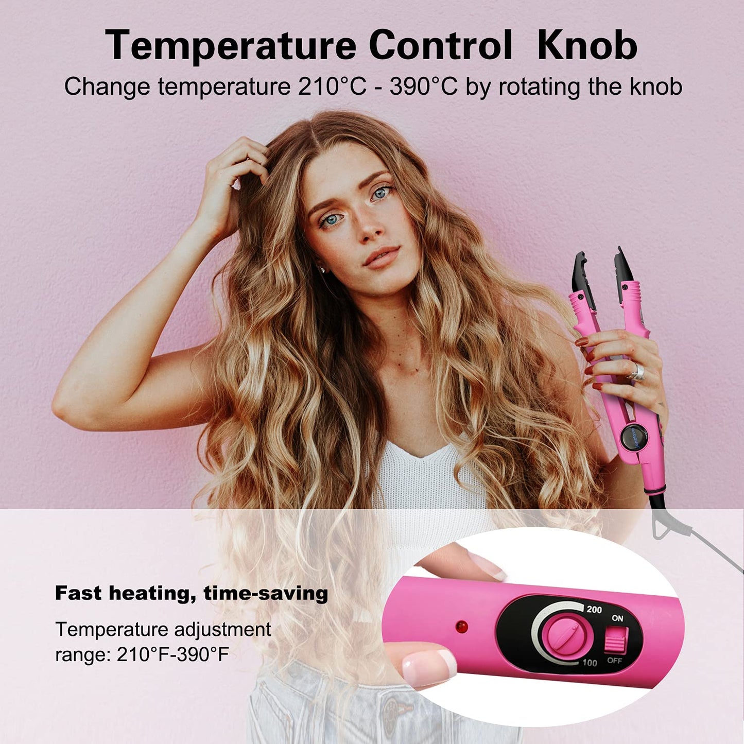 janelove Professional Hair Extensions Iron, Fusion Heat Connector Wand, Pre Bonded Hair Extensions Iron Kit Glue Gun Tool, UK Plug, 210°F-390°F Temperature Adjust (Pink)