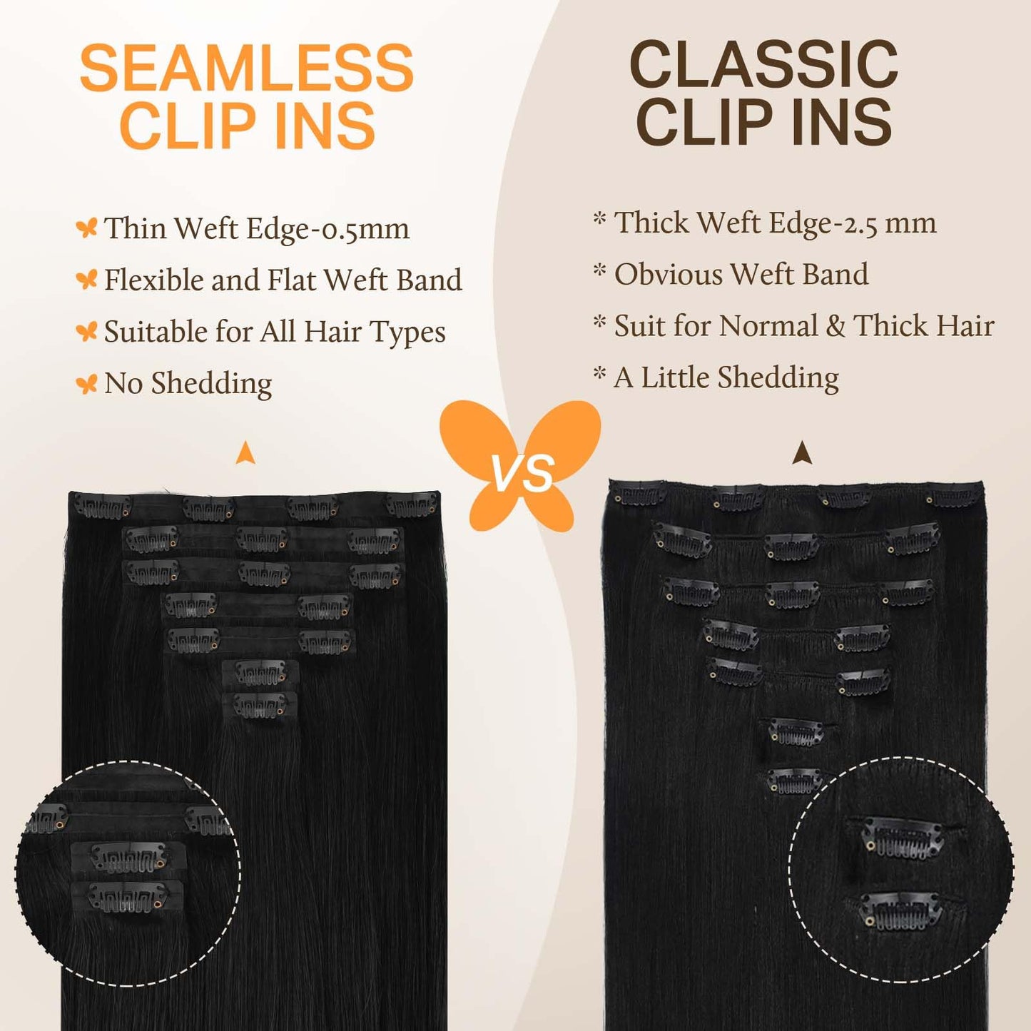 DOORES Seamless Clip in Hair Extensions Real Human Hair, Jet Black 150g 7pcs 20 Inch, Hair Extensions Clip in Human Hair Extensions Clip ins with Thin Weft Thick Straight Hair