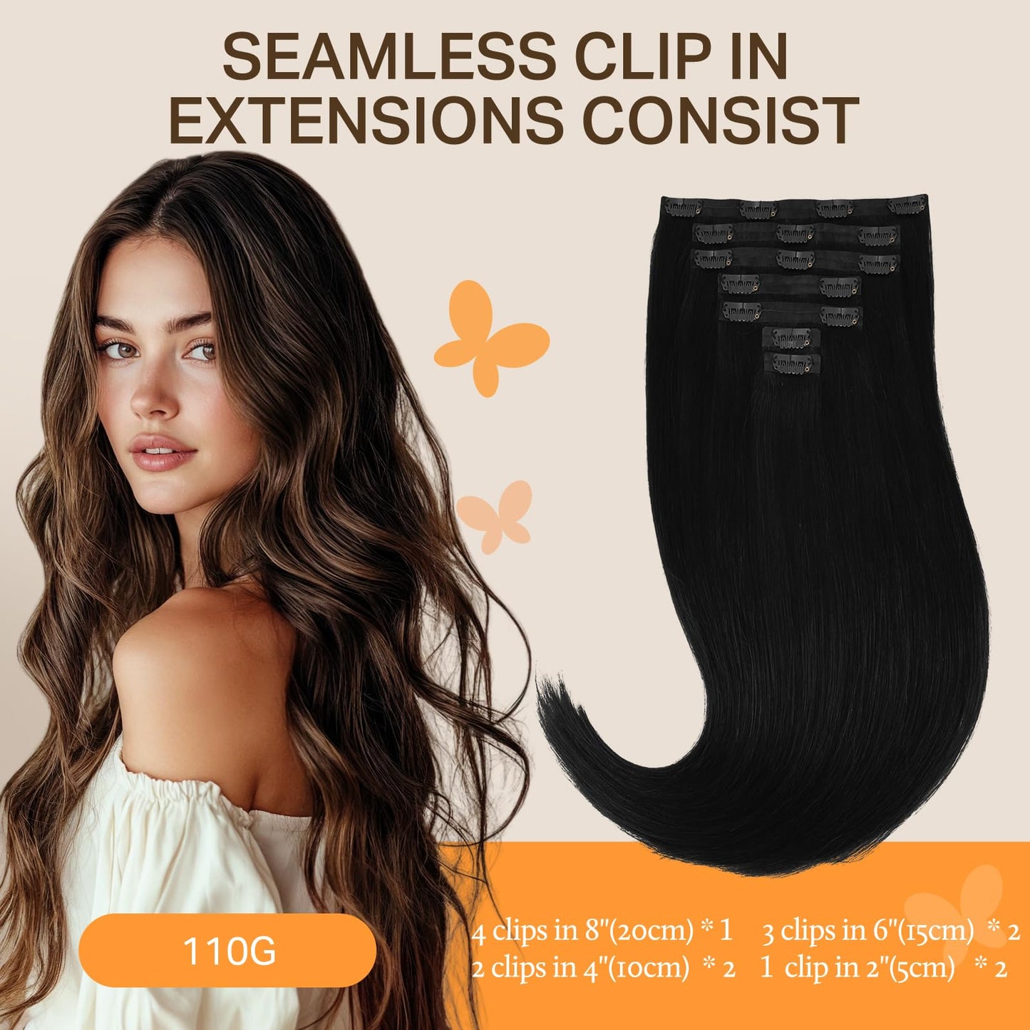 DOORES Seamless Clip in Hair Extensions Real Human Hair, Jet Black 150g 7pcs 20 Inch, Hair Extensions Clip in Human Hair Extensions Clip ins with Thin Weft Thick Straight Hair