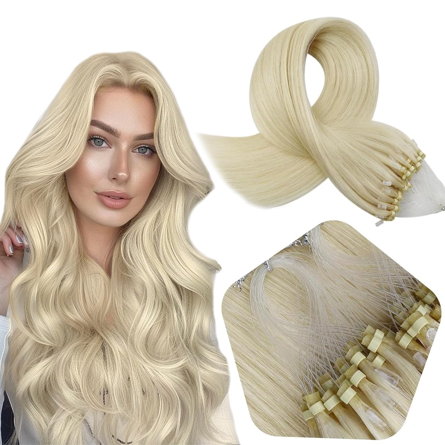 Full Shine Cold Fusion Prebonded Human Hair Extensions with Microbeads Color 18 Ash Blonde Highlighted 613 Blonde Micro Link Straight Hair 22 Inch Natural Hair Extensions for Women 50 Strands