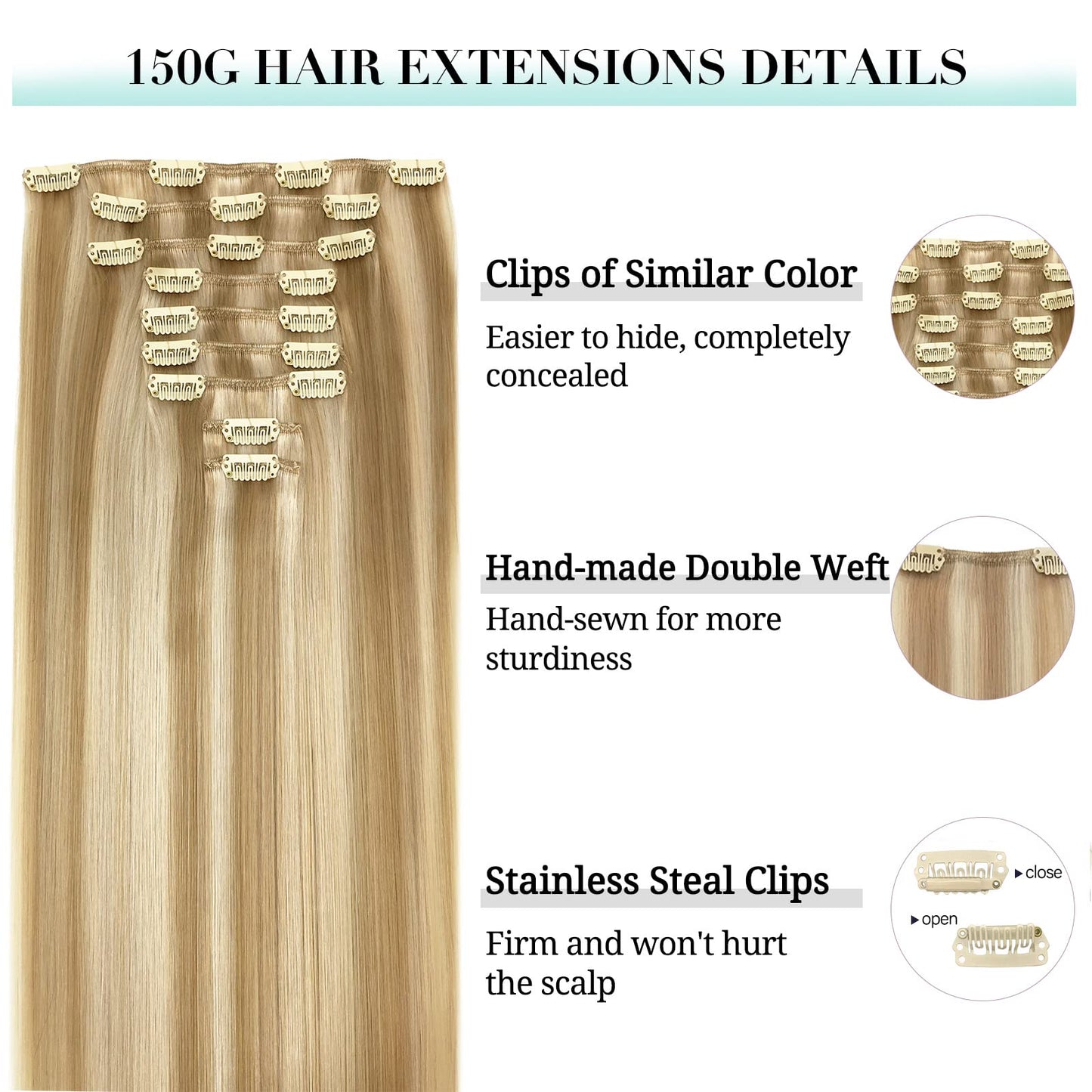 DOORES Seamless Clip in Hair Extensions Real Human Hair, Jet Black 150g 7pcs 20 Inch, Hair Extensions Clip in Human Hair Extensions Clip ins with Thin Weft Thick Straight Hair