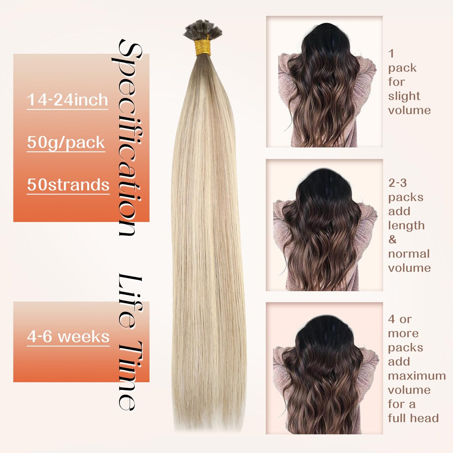 Remy Flat Tip Hair Extensions Human Hair Keratin Fusion Hair Extensions Real Human Hair Extensions for Women 50G/50S Warm Ash Blonde Highlight Bleach Blonde 16inch