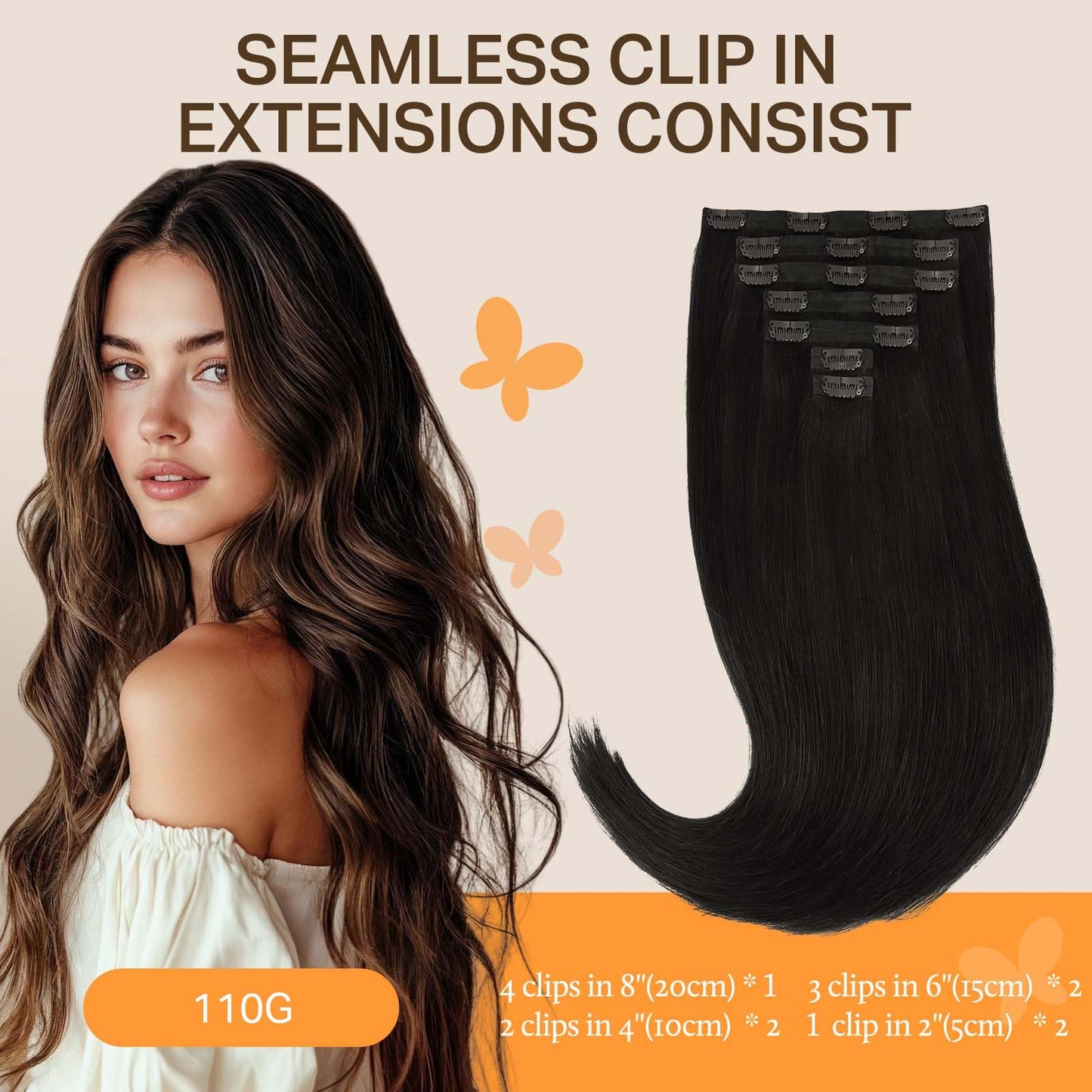 DOORES Seamless Clip in Hair Extensions Real Human Hair, Jet Black 150g 7pcs 20 Inch, Hair Extensions Clip in Human Hair Extensions Clip ins with Thin Weft Thick Straight Hair