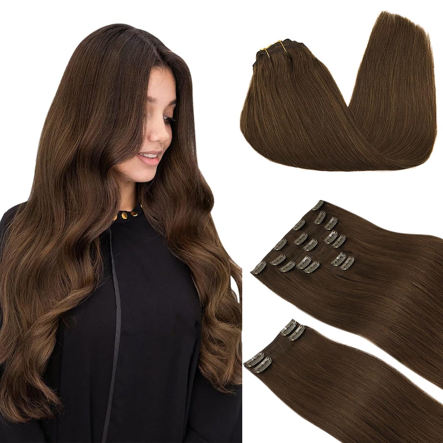 DOORES Seamless Clip in Hair Extensions Real Human Hair, Jet Black 150g 7pcs 20 Inch, Hair Extensions Clip in Human Hair Extensions Clip ins with Thin Weft Thick Straight Hair