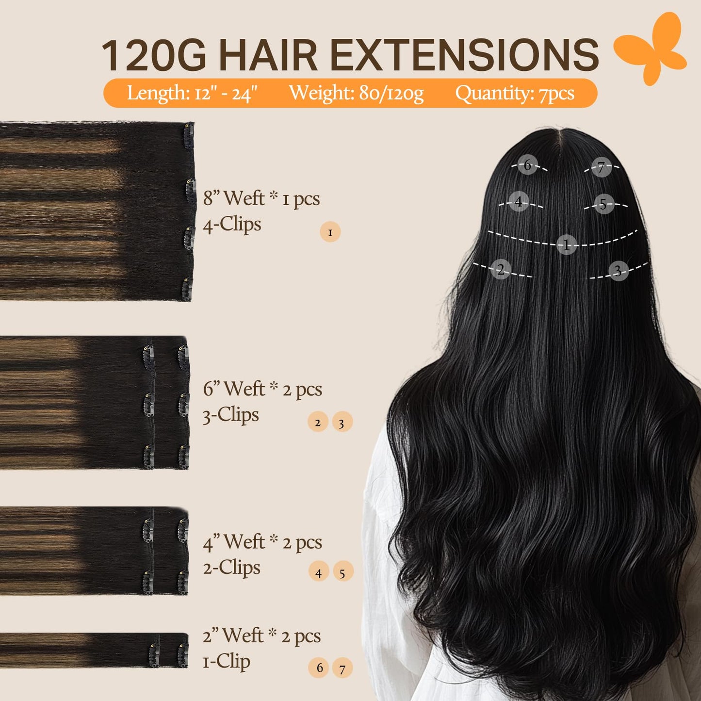 DOORES Seamless Clip in Hair Extensions Real Human Hair, Jet Black 150g 7pcs 20 Inch, Hair Extensions Clip in Human Hair Extensions Clip ins with Thin Weft Thick Straight Hair