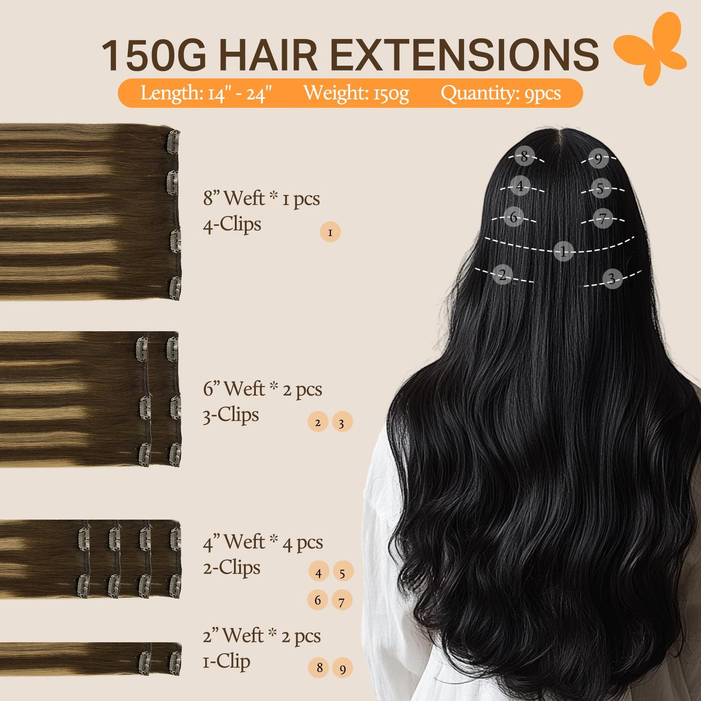 DOORES Seamless Clip in Hair Extensions Real Human Hair, Jet Black 150g 7pcs 20 Inch, Hair Extensions Clip in Human Hair Extensions Clip ins with Thin Weft Thick Straight Hair