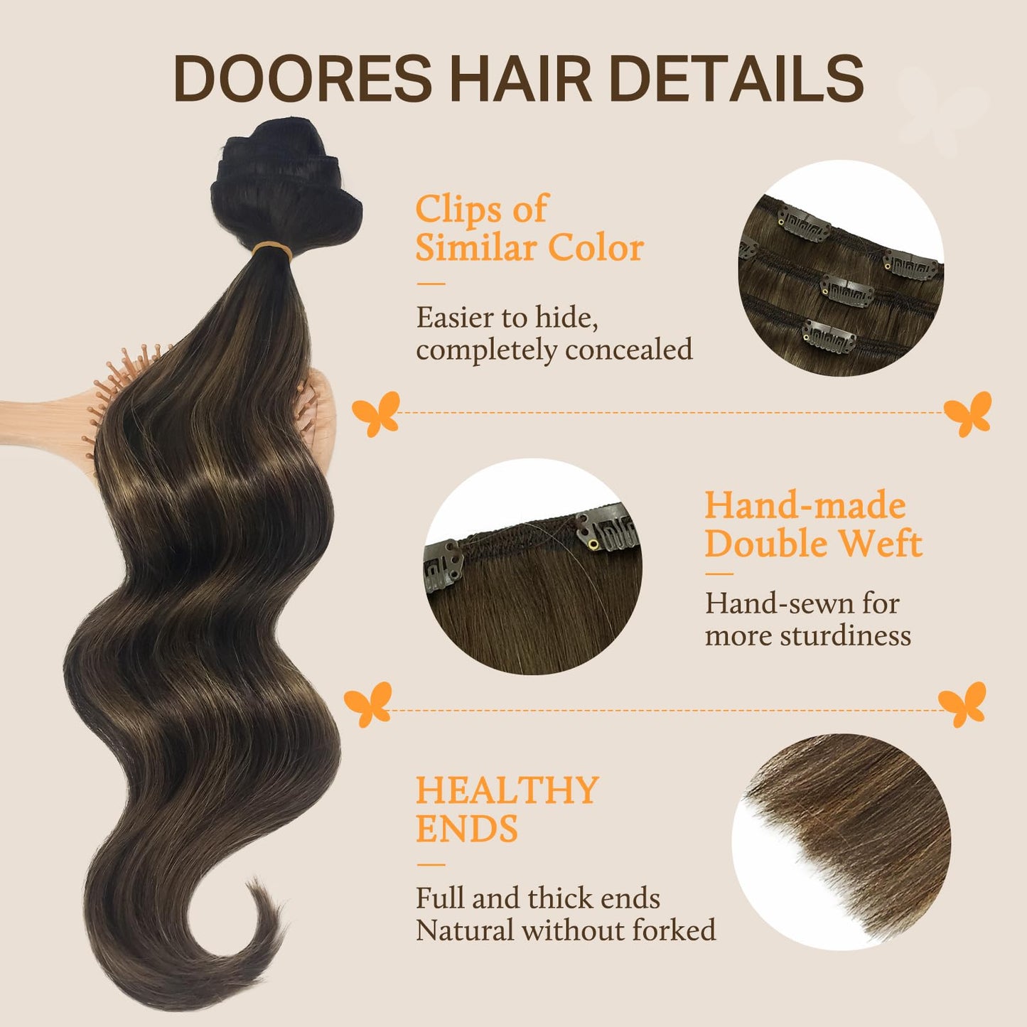 DOORES Seamless Clip in Hair Extensions Real Human Hair, Jet Black 150g 7pcs 20 Inch, Hair Extensions Clip in Human Hair Extensions Clip ins with Thin Weft Thick Straight Hair