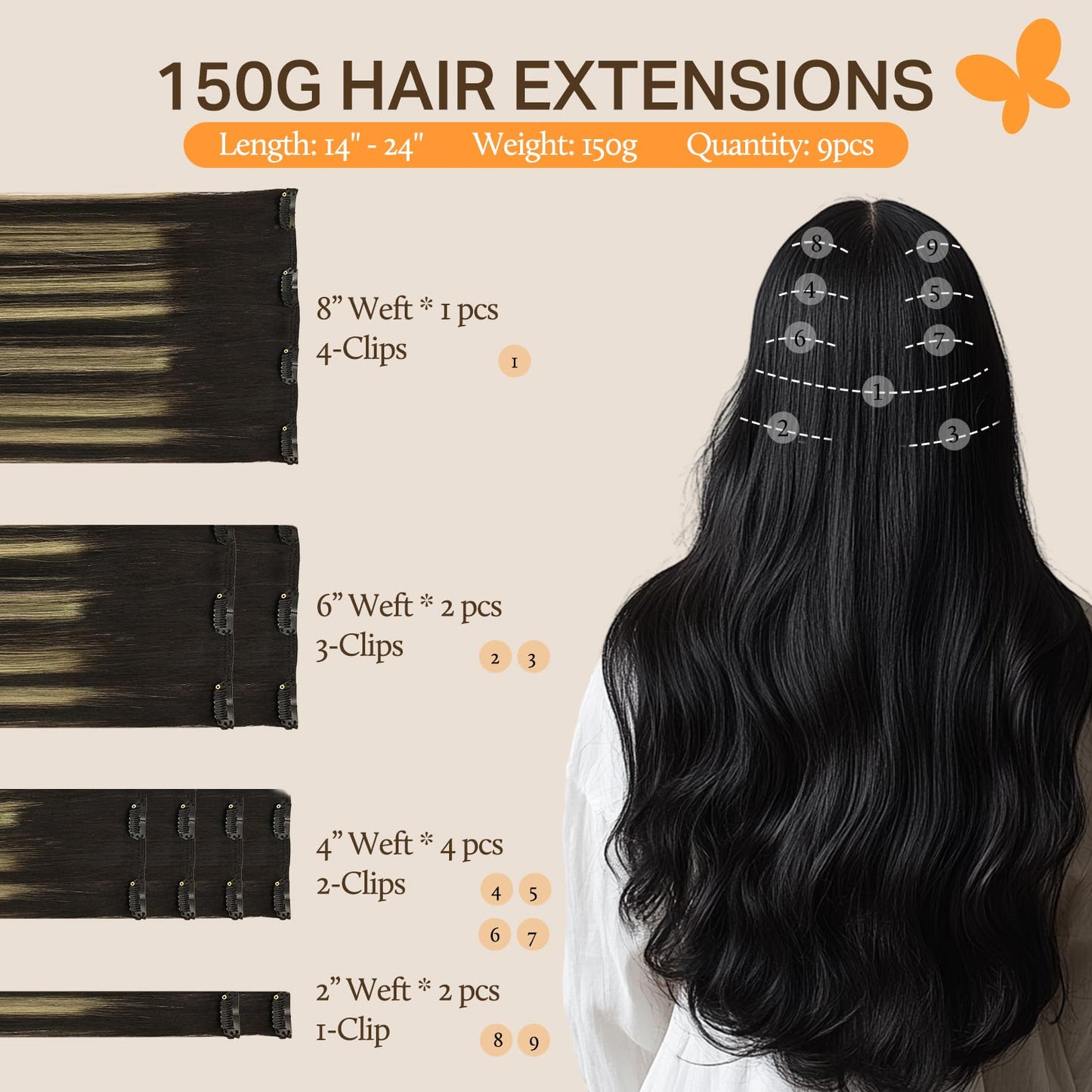 DOORES Seamless Clip in Hair Extensions Real Human Hair, Jet Black 150g 7pcs 20 Inch, Hair Extensions Clip in Human Hair Extensions Clip ins with Thin Weft Thick Straight Hair