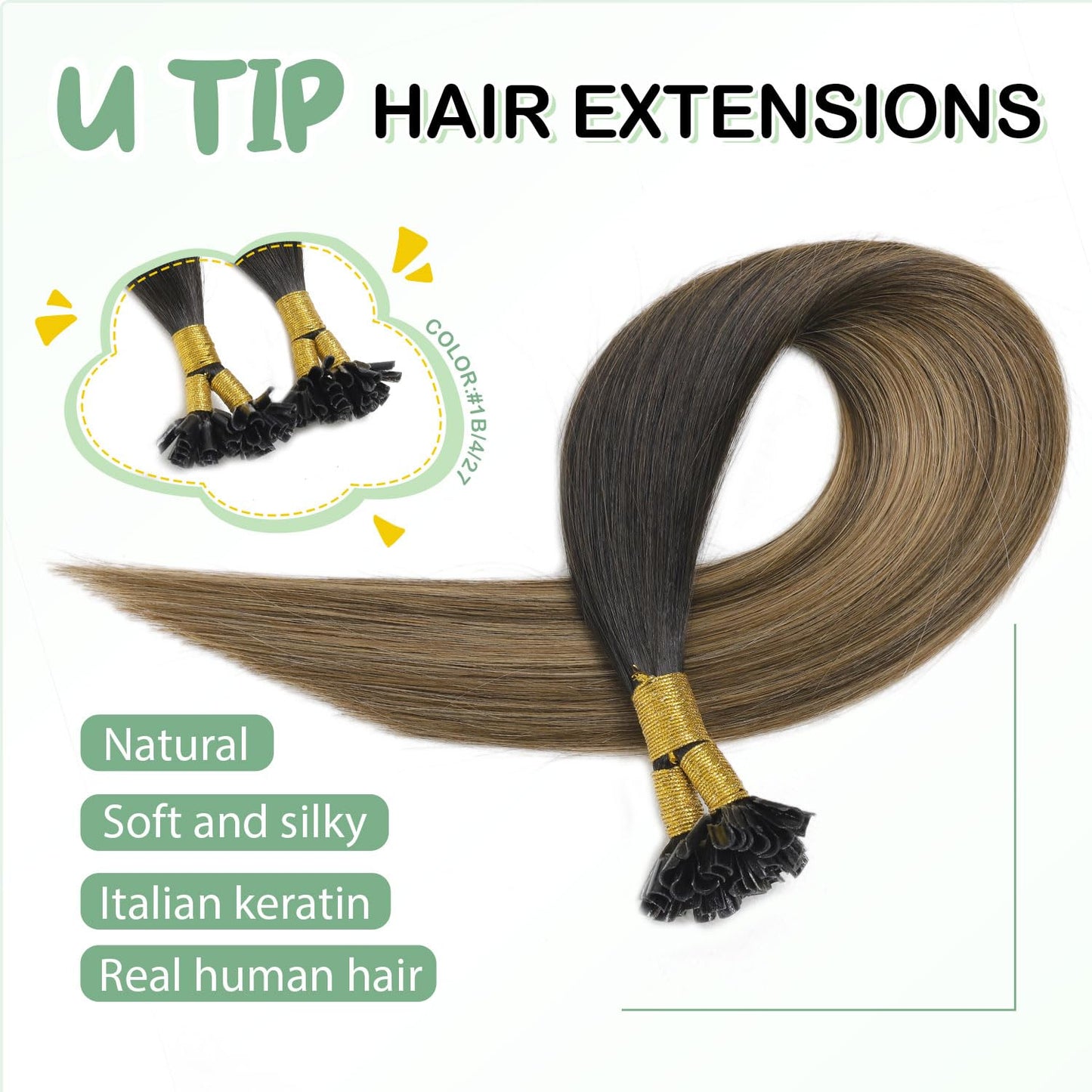 U Tip Hair Extensions Real Human Hair 50 Strands 50g 20inch Balayage Ombre Walnut Brown to Ash Brown and Blonde Pre Bonded Hair Extensions Nail U Tip Hair Extensions #3/8/22 20inch