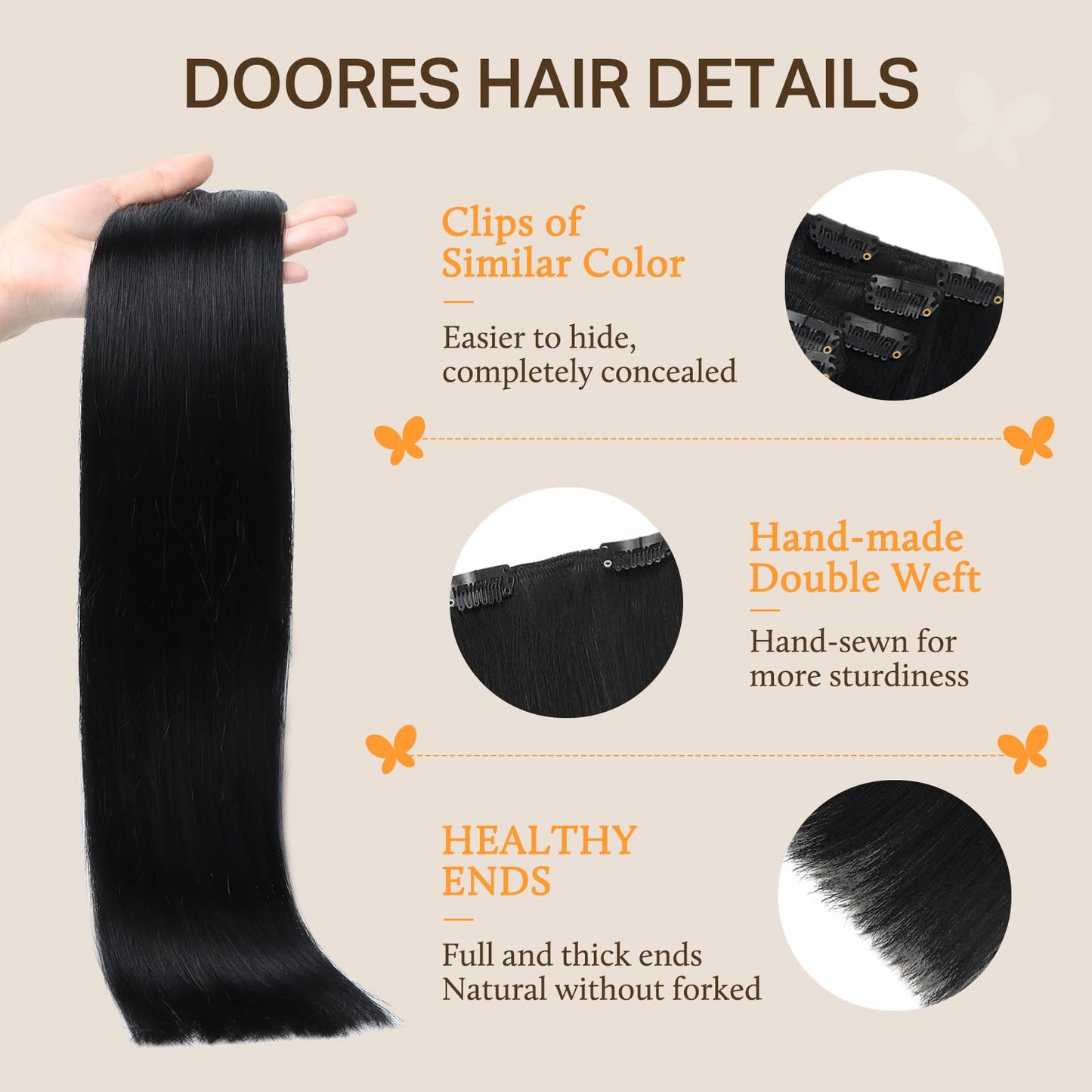 DOORES Seamless Clip in Hair Extensions Real Human Hair, Jet Black 150g 7pcs 20 Inch, Hair Extensions Clip in Human Hair Extensions Clip ins with Thin Weft Thick Straight Hair