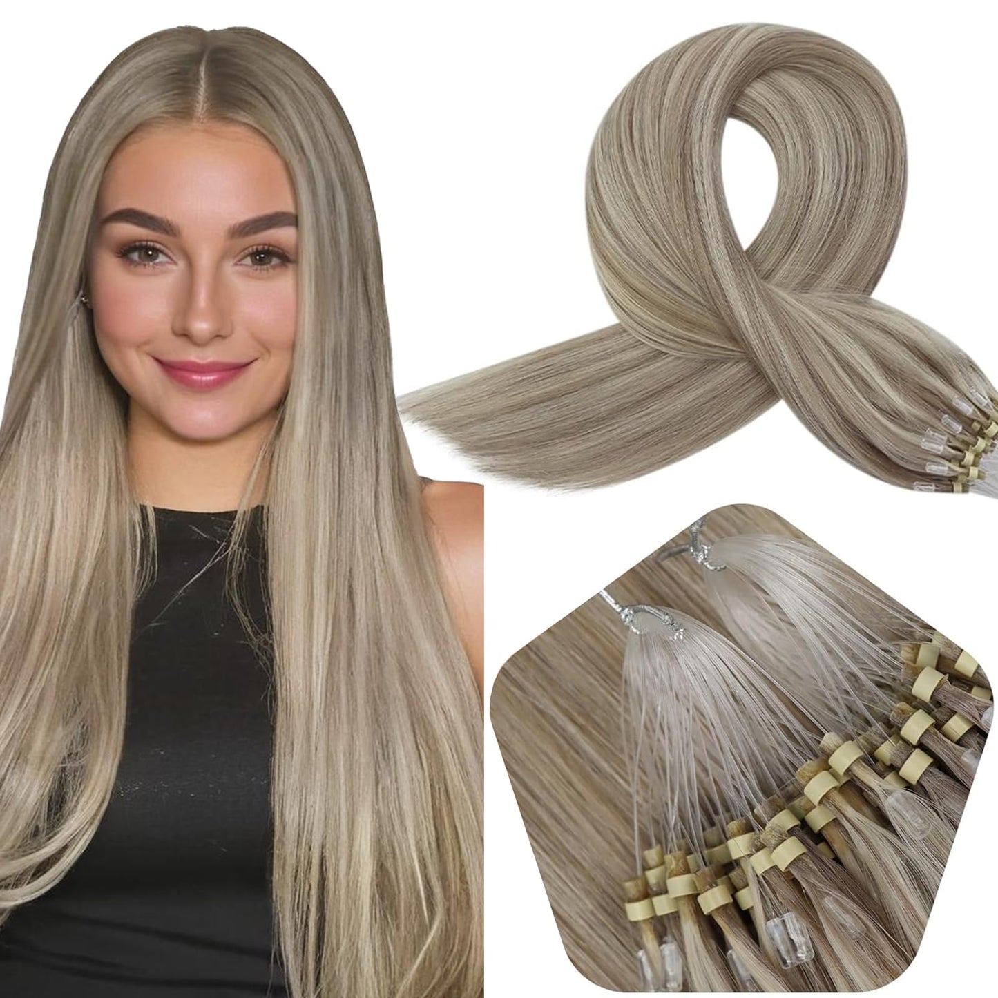 Full Shine Cold Fusion Prebonded Human Hair Extensions with Microbeads Color 18 Ash Blonde Highlighted 613 Blonde Micro Link Straight Hair 22 Inch Natural Hair Extensions for Women 50 Strands