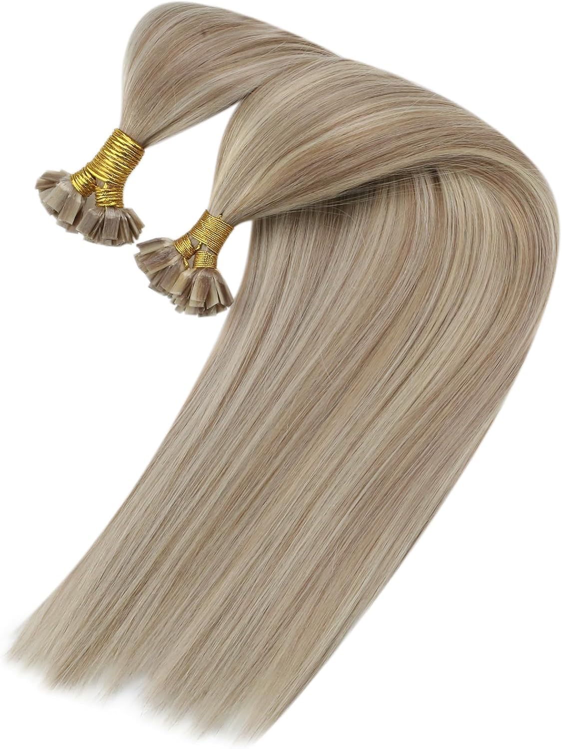 Remy Flat Tip Hair Extensions Human Hair Keratin Fusion Hair Extensions Real Human Hair Extensions for Women 50G/50S Warm Ash Blonde Highlight Bleach Blonde 16inch