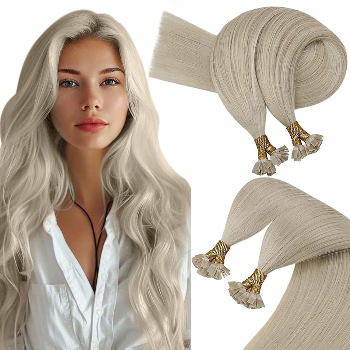Remy Flat Tip Hair Extensions Human Hair Keratin Fusion Hair Extensions Real Human Hair Extensions for Women 50G/50S Warm Ash Blonde Highlight Bleach Blonde 16inch