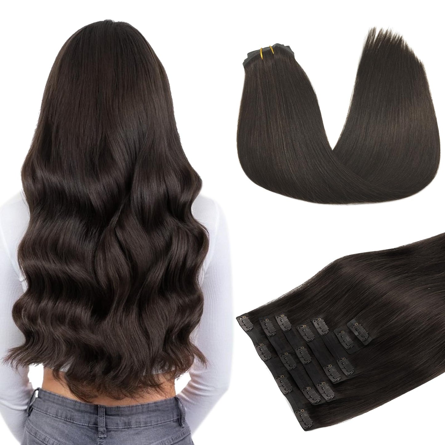 DOORES Seamless Clip in Hair Extensions Real Human Hair, Jet Black 150g 7pcs 20 Inch, Hair Extensions Clip in Human Hair Extensions Clip ins with Thin Weft Thick Straight Hair