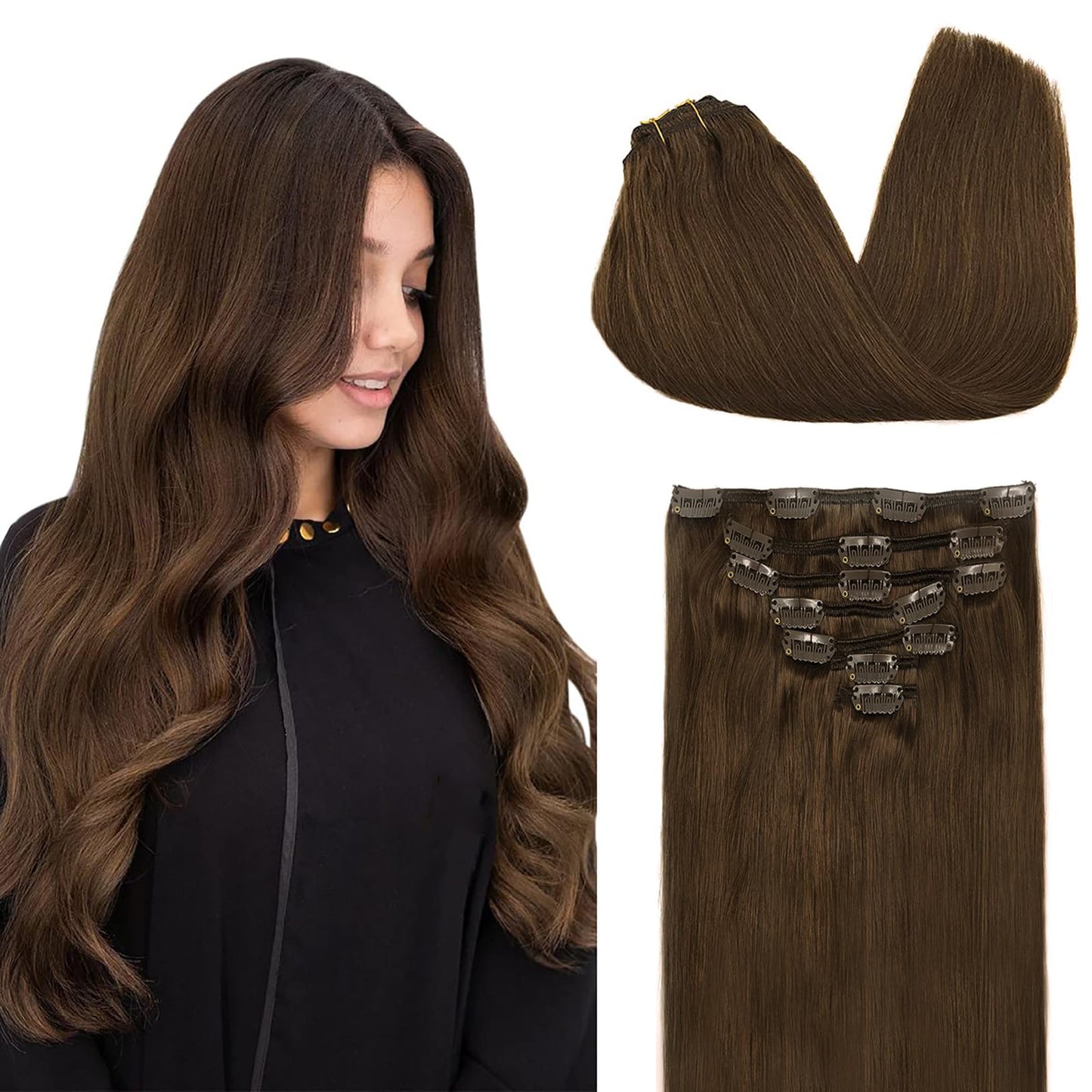 DOORES Seamless Clip in Hair Extensions Real Human Hair, Jet Black 150g 7pcs 20 Inch, Hair Extensions Clip in Human Hair Extensions Clip ins with Thin Weft Thick Straight Hair