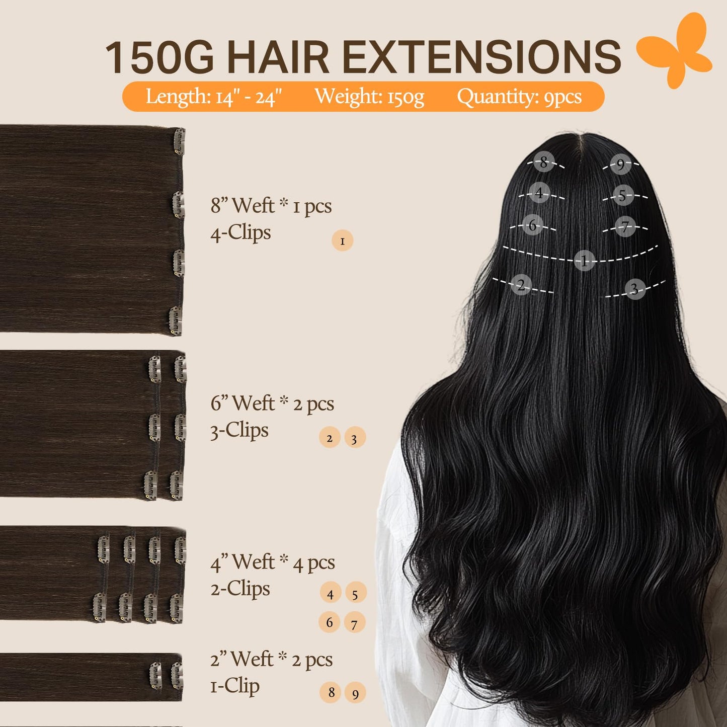 DOORES Seamless Clip in Hair Extensions Real Human Hair, Jet Black 150g 7pcs 20 Inch, Hair Extensions Clip in Human Hair Extensions Clip ins with Thin Weft Thick Straight Hair