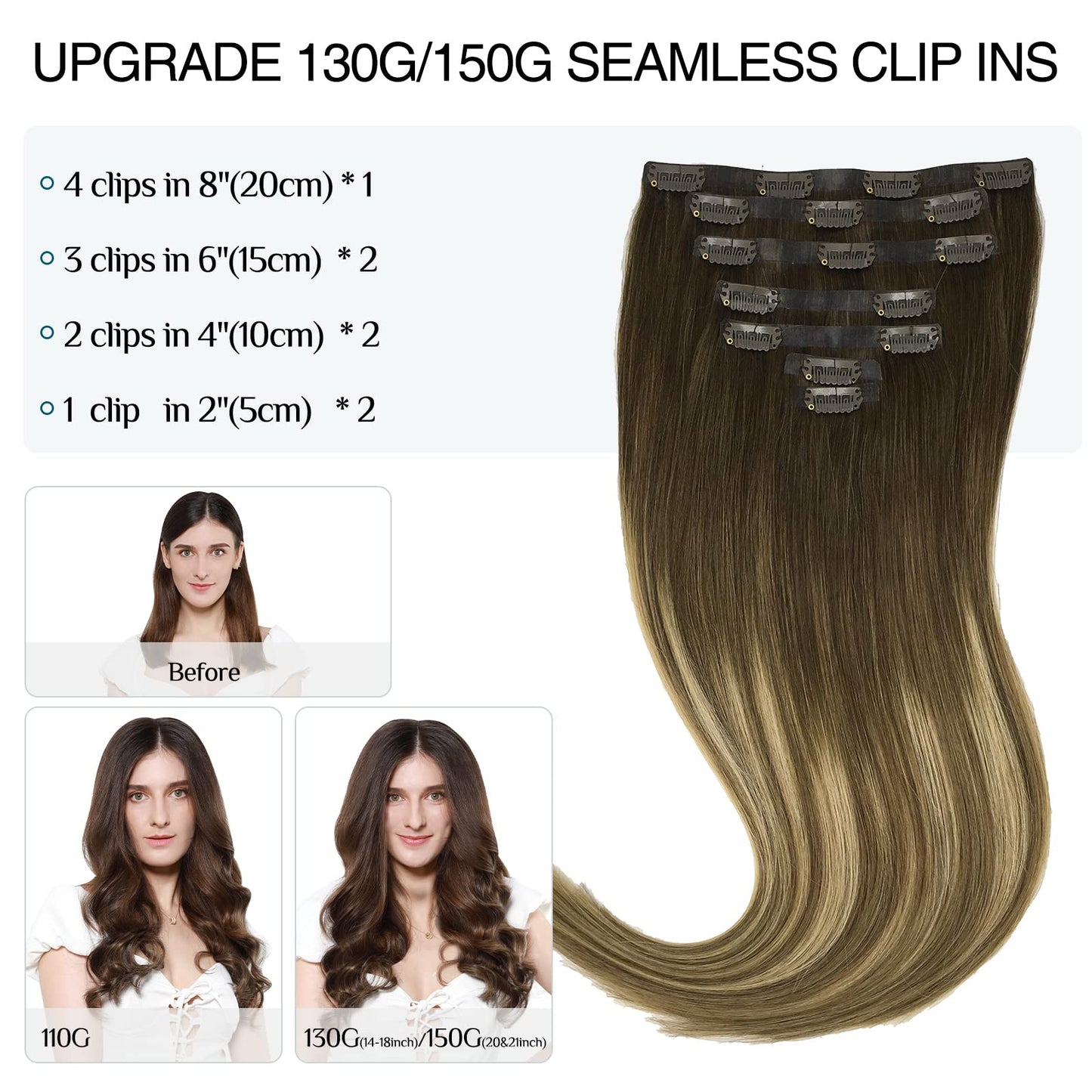 DOORES Seamless Clip in Hair Extensions Real Human Hair, Jet Black 150g 7pcs 20 Inch, Hair Extensions Clip in Human Hair Extensions Clip ins with Thin Weft Thick Straight Hair